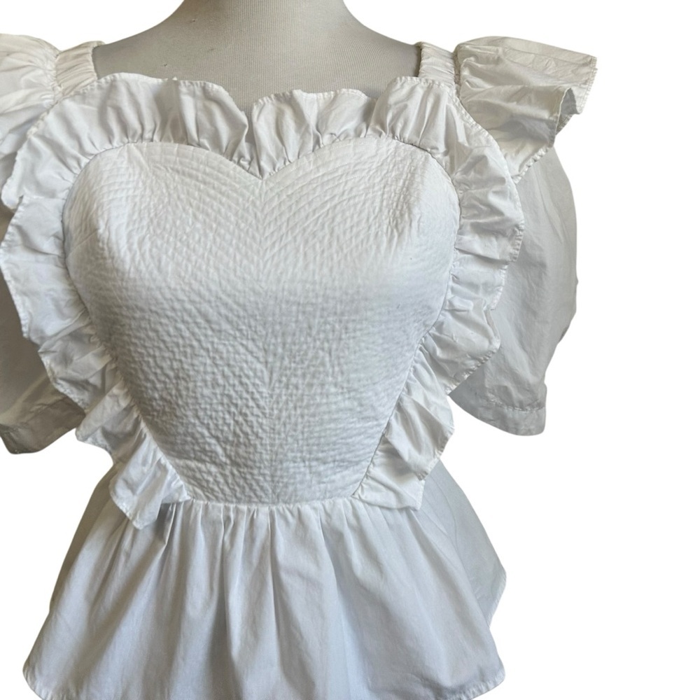 Sea New York Heart Shape Cotton Peplum Top Sz 2 White Short Sleeve Tie Back - Picture 3 of 11